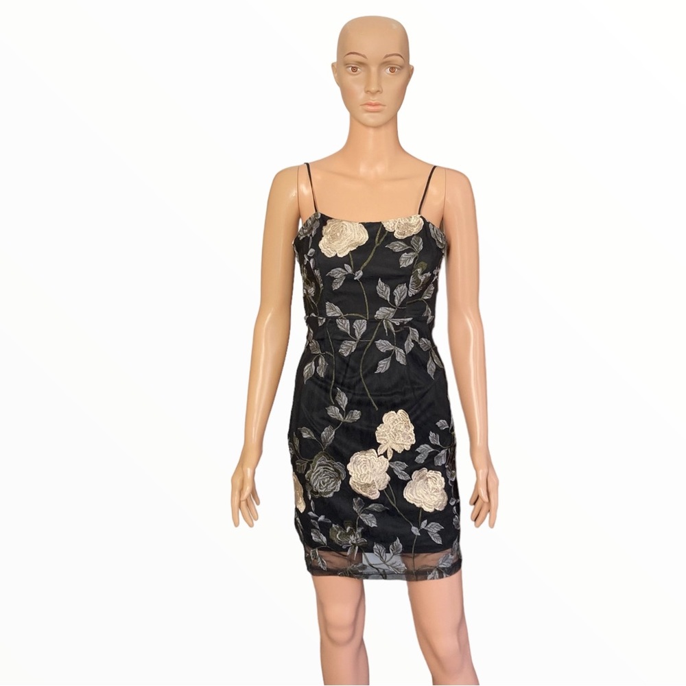 Lulu's Black Mini Dress with Cream Floral Embroidery